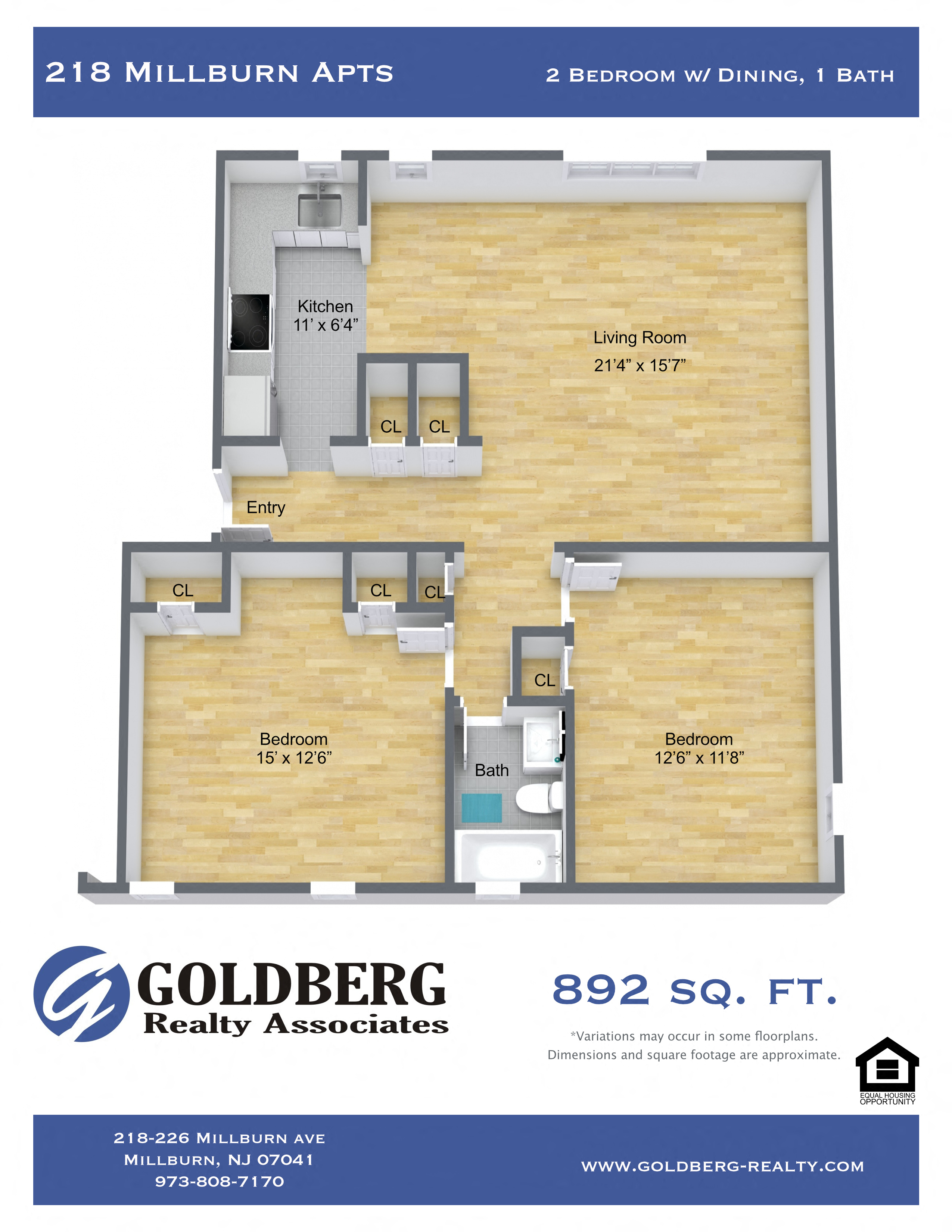 Floor plan for 2 beds, 1 bath, 892 sqft